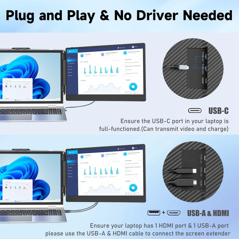 KEFEYA Laptop Screen Extender, 14" Portable Monitor for Laptops 13-17", 1080P FHD IPS Monitor Extender for Laptop with USB-C/HDMI Port, Plug n Play for Windows/Chrome/Mac/Switch/PS5 - Image 4